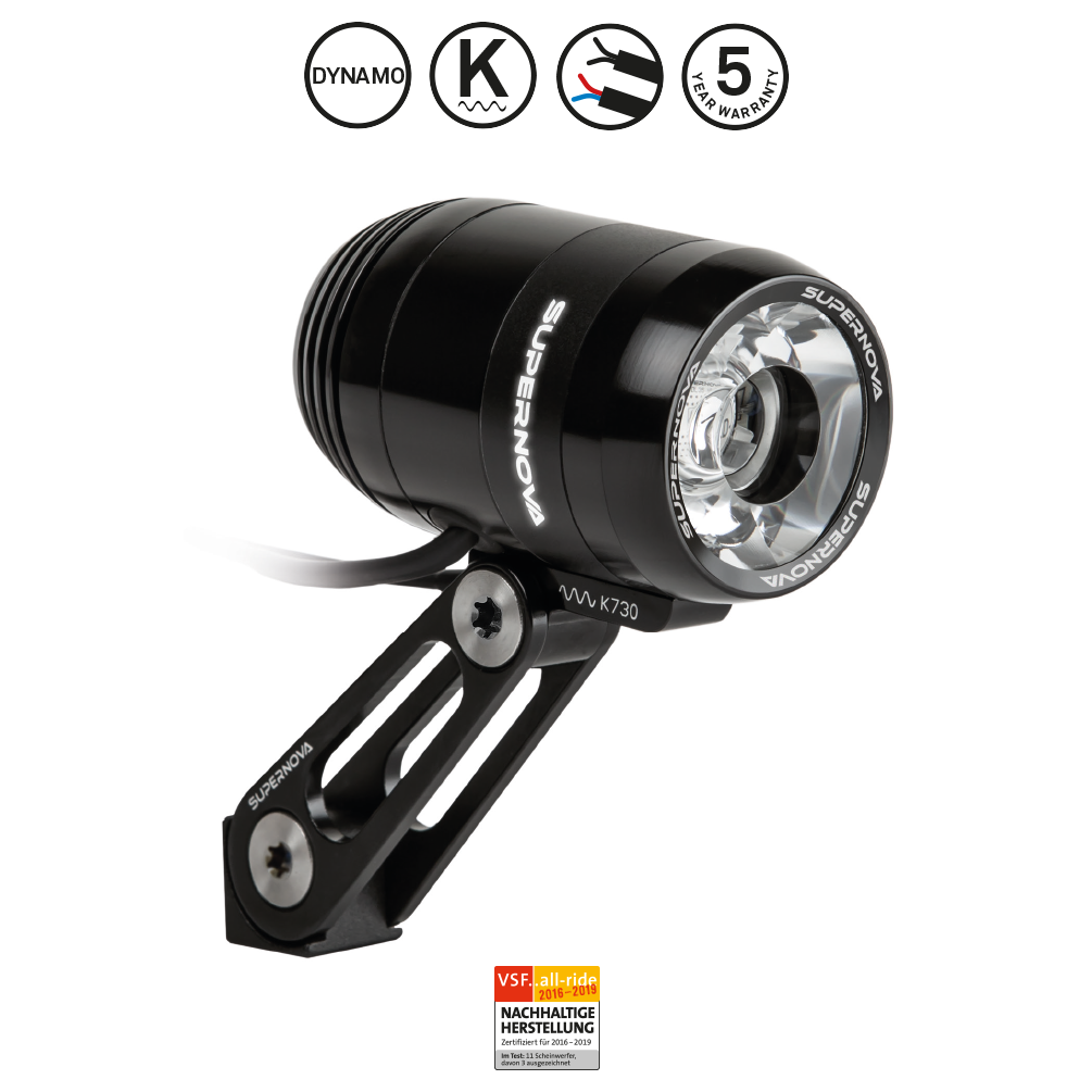 Supernova E3 Pro2 70 Lux - der Scheinwerfer kommt inklusive Multimount CS Halter für die Gabelkopfmontage.